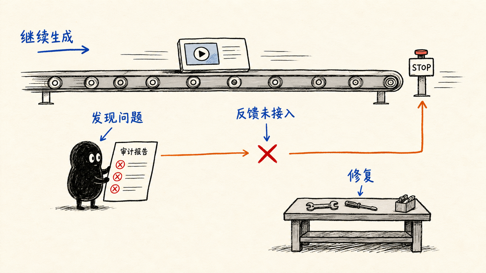 审核员发现了问题，反馈线却断在继续生成的传送带旁