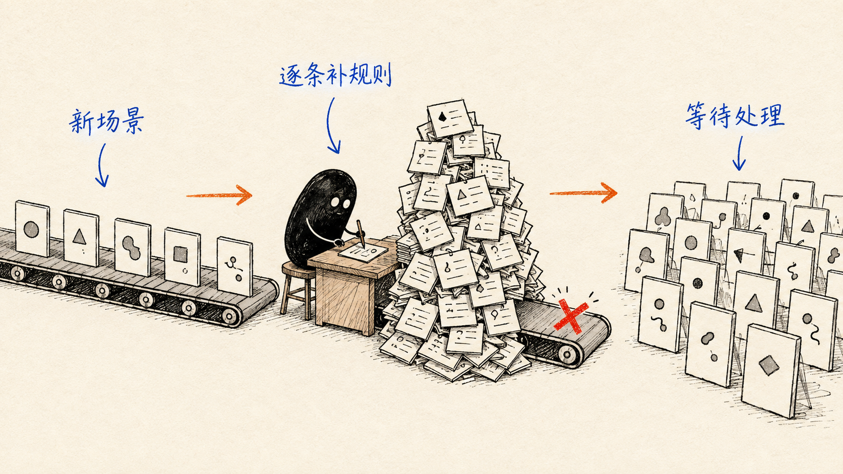 小黑逐条填写规则卡片，增长的规则堆堵住了处理通道