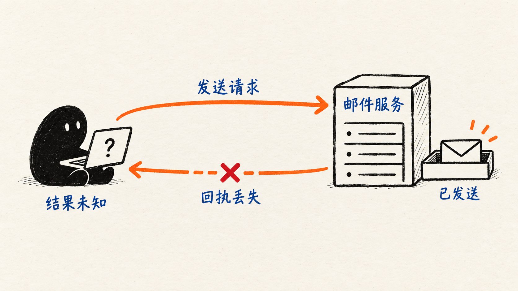 邮件服务已经发送邮件，返回 Agent 的回执却在途中丢失