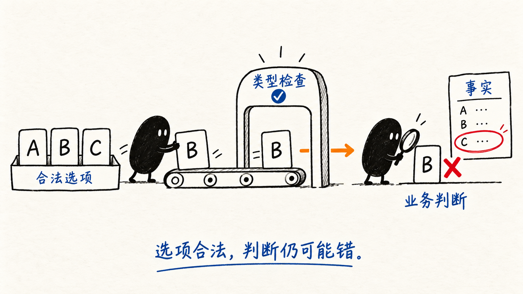小黑选中的 B 通过类型检查，但与事实中的 C 不符